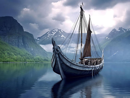 EATUKYIC 5D Ocean Boat Diamond Painting Kits for Adults Beginner, Beauty Viking Ship with Mountains DIY Diamond Art for Home Wall Decor Gifts, Full Drill Round Gem Art 12x16 inch
