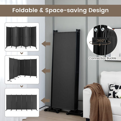 Giantex 5.7Ft 6-Panel Folding Room Divider with Rollers Grey- 132" Wide Large Rolling Foldable Privacy Screen, Lightweight Portable Wall Partition Separation Room Dividers with Wheels