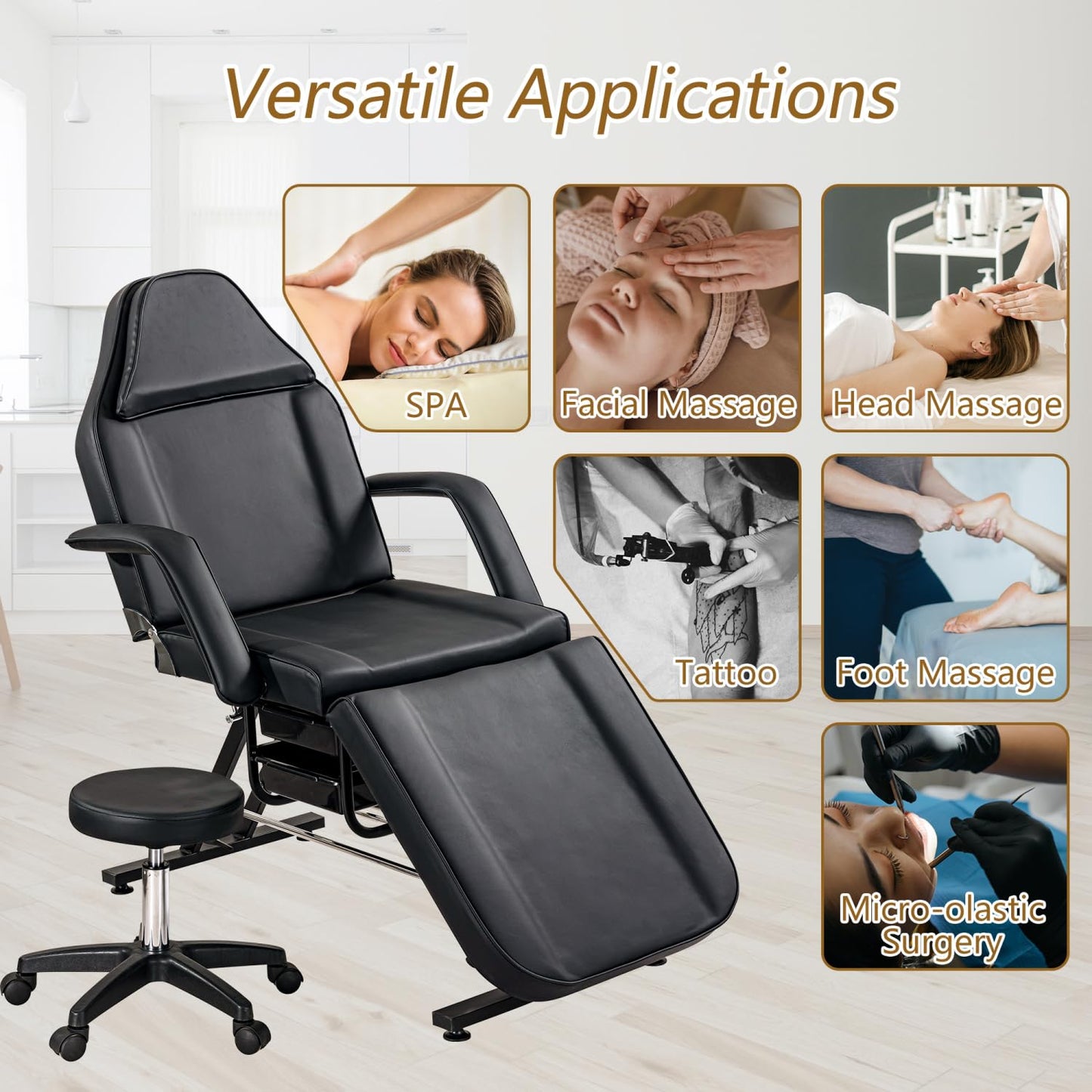 Massage Salon Tattoo Chair with Two Trays Esthetician Bed Hydraulic Stool Multi-Purpose 3-Section Facial Bed Table Adjustable Beauty Barber Spa Equipment Black