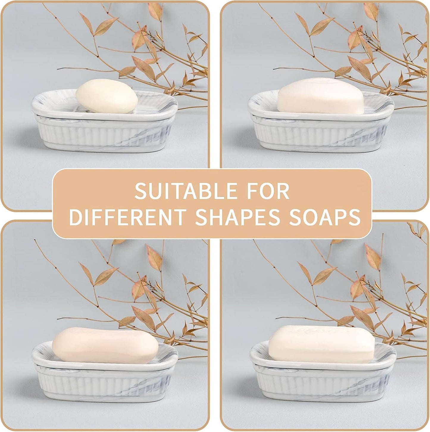 Ceramic Soap Dish, Self-Draining Soap Holder, Double Layer Marble Blue, Easy to Clean