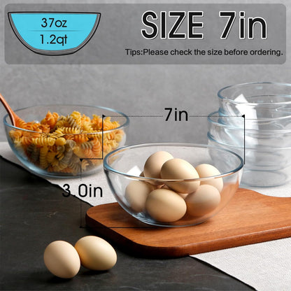 NUTRIUPS 7 Inch Medium Glass Prep Bowls, 30oz Clear Tempered Glass Salad Bowls for Kitchen, Microwave Safe