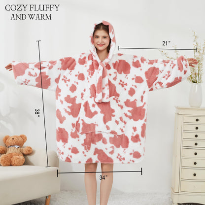 Softan Blanket Hoodie, Oversized Fleece Wearable Blankets for Women and Men Gifts, Cozy Warm and Soft Sweatshirt Blanket with Large Pocket, Pink Cow Print