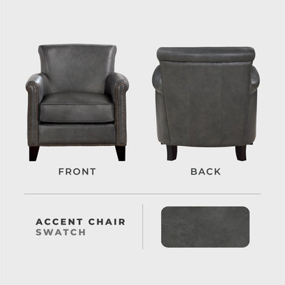 Lexicon 100% Top Grain Genuine Leather Chair, Leather Accent Chairs for Living Room, Solid Wood Frame, Rolled Armrest & Nailhead Trim, Comfy Reading for Bedroom, Office, Waiting Room, Classic Gray