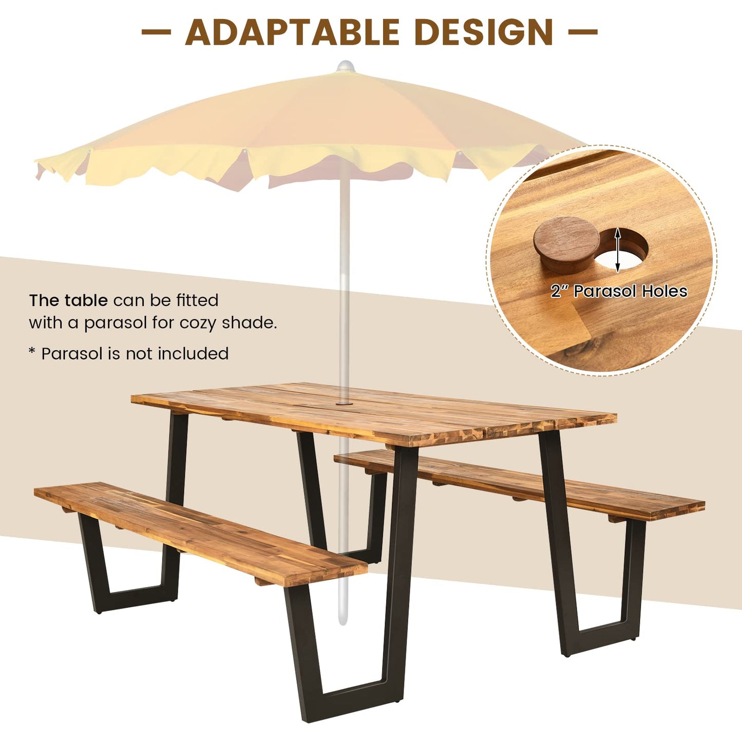 Tangkula Patented Wooden Picnic Table, Outdoor Acacia Wood Picnic Table with 2 Built-in Benches, Umbrella Hole, Steel Frame, Outside Table and Bench Set for Garden, Backyard, Porch, Patio