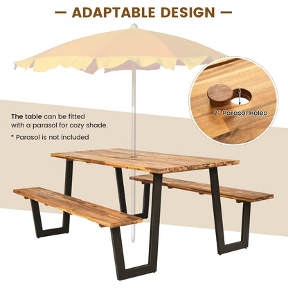 Tangkula Patented Wooden Picnic Table, Outdoor Acacia Wood Picnic Table with 2 Built-in Benches, Umbrella Hole, Steel Frame, Outside Table and Bench Set for Garden, Backyard, Porch, Patio