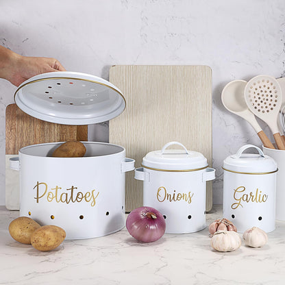 OwnMy Set of 3 Potato Onion Garlic Storage Bins Vegetable Containers Food Containers for Kitchen Counter, Potato Onion Storage Containers for Pantry Garlic Store Jars Vegetable Canisters Set, White