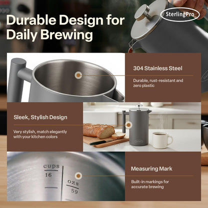 SterlingPro 1.75 L 59 oz Grey Extra Large French Press Coffee Maker and 6 Pack Replacement Screens Bundle Stainless Steel Double Wall Insulated for Tea and Coffee