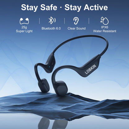 LOBKIN Bone Conduction Headphones - Open Ear Headphones Wireless Bluetooth 6.0 with Mic, 10H Playtime, IPX6, Sweat Resistant, Lightweight Sports Headphone for Running, Cycling, Gym, Outdoor, Black