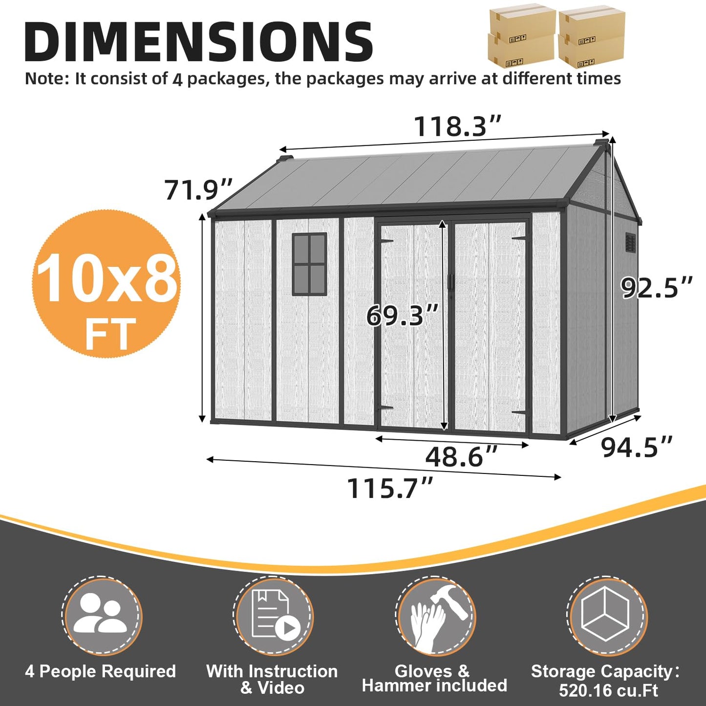 MELLCOM 10 x 8 FT Plastic Outdoor Storage Shed with Floor, Plastic Outdoor Storage Tool Shed with Windows and Lockable Door, Resin Garden Shed for Bike, Pool Supply, Lawnmower