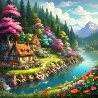 Fantasy Landscape Diamond Painting Kits For Adults, 5D DIY Beautiful Scenery Full Square Drill Diamonds Art Kits for Beginners, Mountain River Cottage Flowers Paint With Diamonds Gem Art Craft 40x40cm