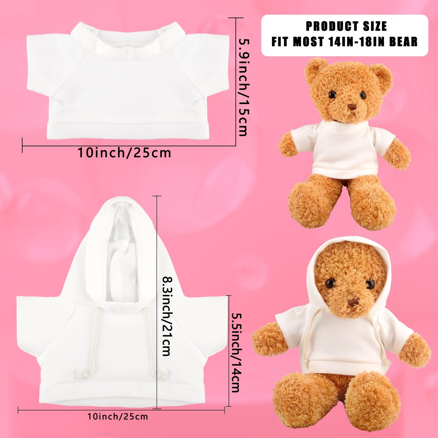 20 Pcs Stuffed Animal Toy White Clothing Sublimation Blank Bear Clothes Include 10 Teddy Bear Blank Hoodie 10 Teddy Bear White Shirt for 15 Inch Stuffed Bears Dolls DIY (Color Style 1)