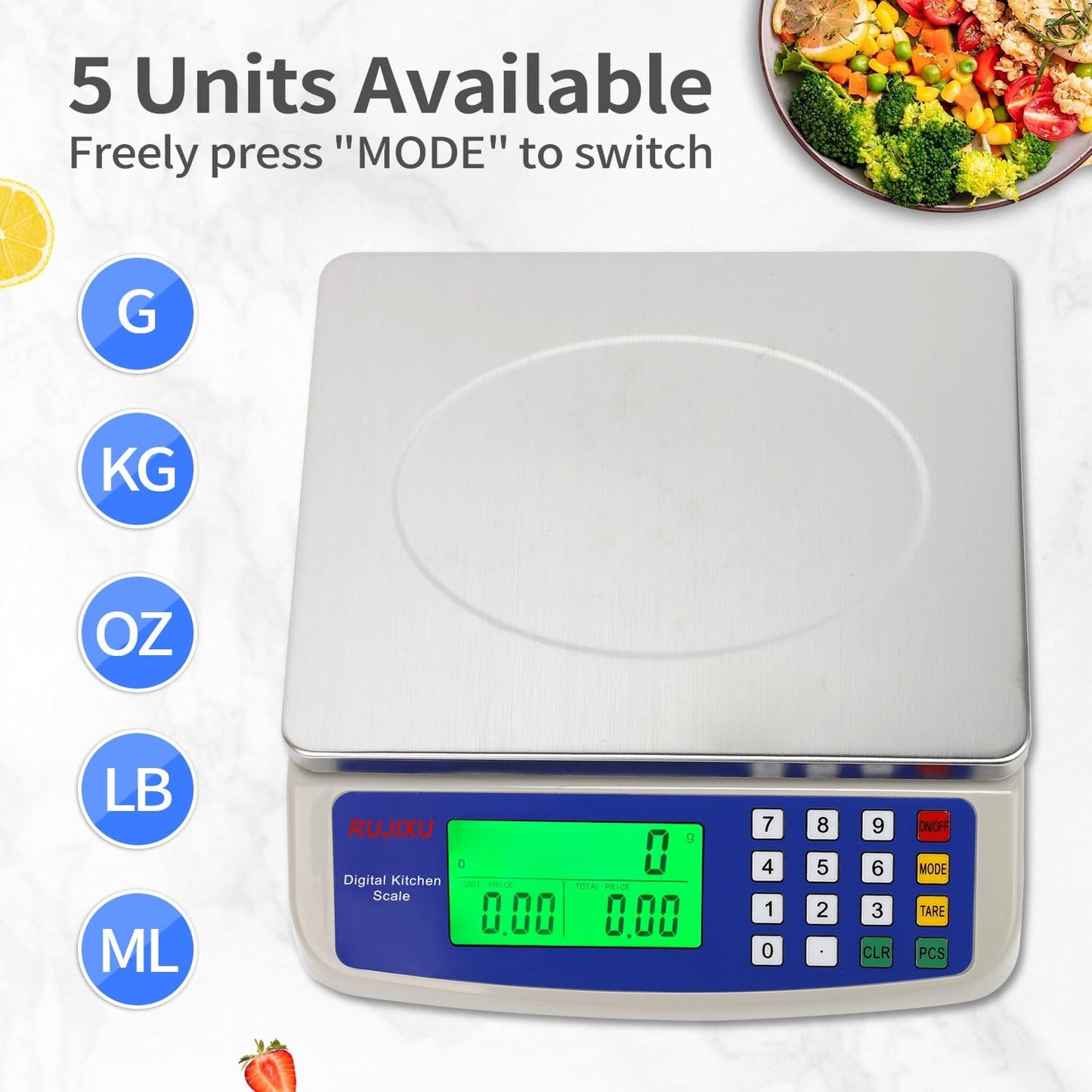 Skiennix Large Digital Kitchen Scale - 30KG Capacity | Stainless Steel, LCD Display for Baking & Food Prep
