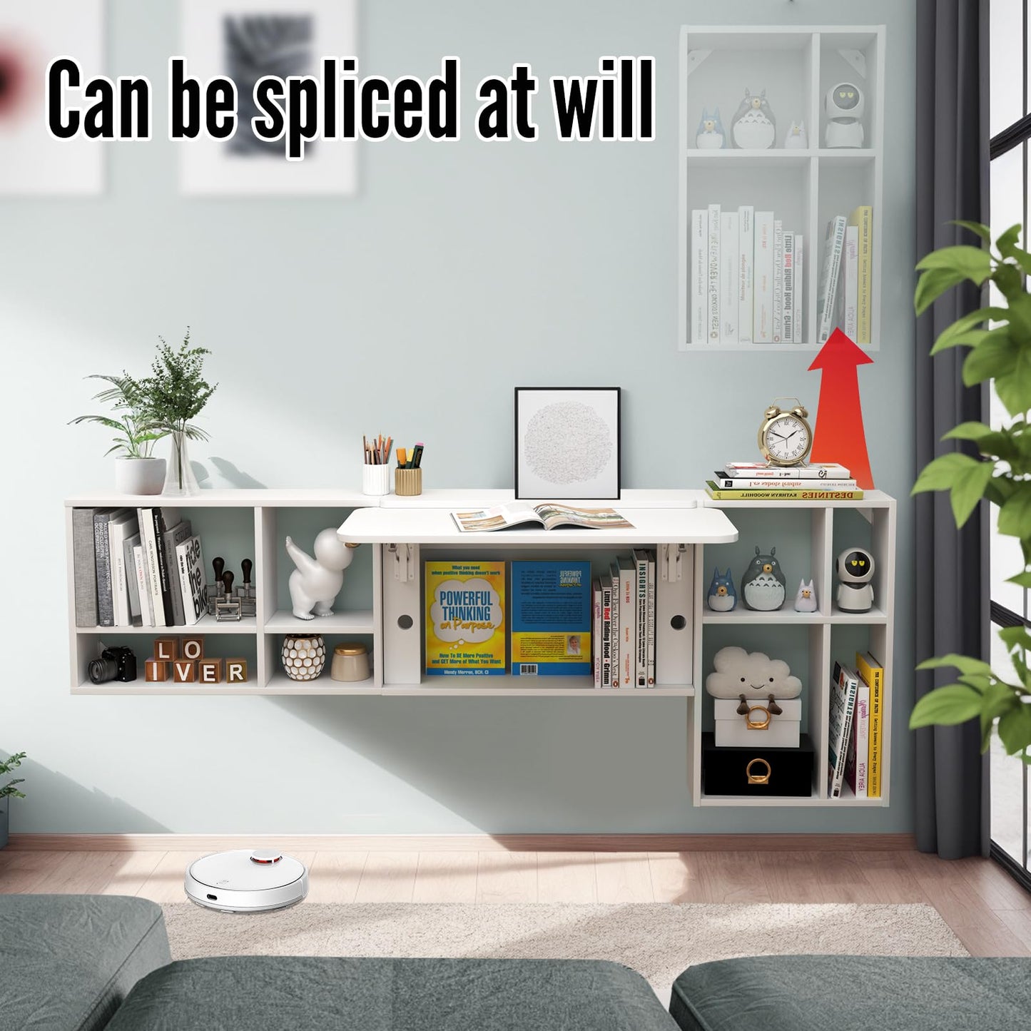 TuckTect Floating Desk with Storage Shelves, 81'' Wall Mounted Desk Laptop Writing Study Table, Folding Drop Leaf Table, Multifunctional Computer Workstation for Narrow Small Space