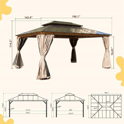GOWE 12x16ft Hardtop Gazebo, Permanent Outdoor Gazebo with Polycarbonate Double Roof, Aluminum Gazebo Pavilion with Curtain and Net for Garden, Patio, Lawns, Deck, Backyard (Wood-Looking)