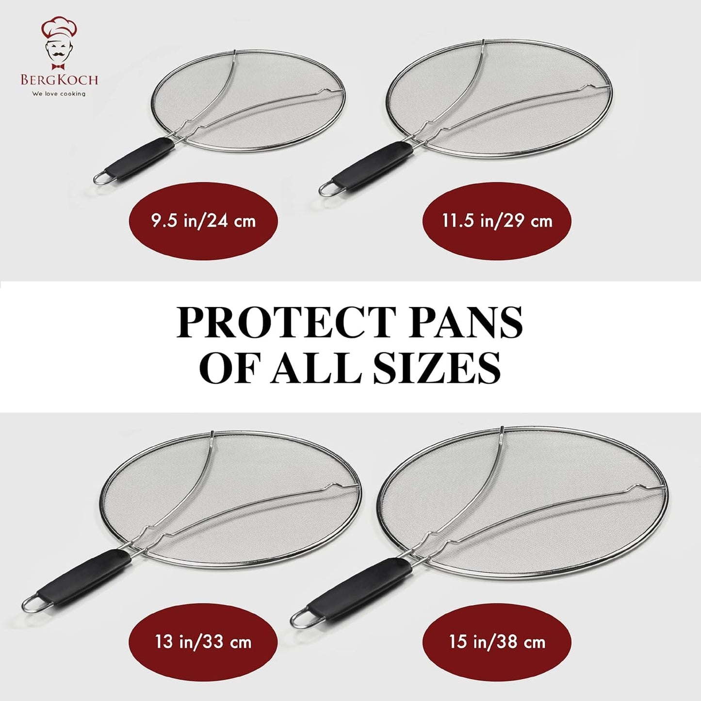 BergKoch Splatter Screen for Frying Pan - 9.5/11.5/13 Inch Stainless Steel Grease Splatter Guard (Set of 3) - Cover Oil Splash when Sizzling Bacon, Cooking Fried Chicken or Popcorn