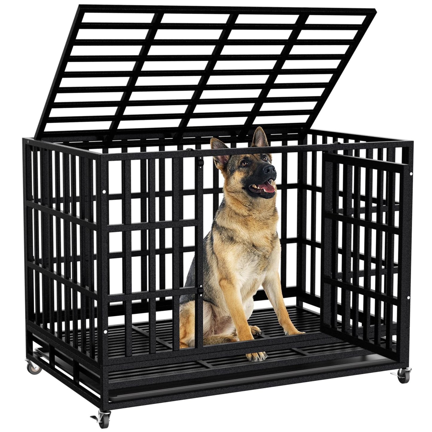 SHUSHIM 48 Inch Heavy Duty Dog Crate Kennel with Wheels, High Anxiety Indestructible Dog Crates for Large Dogs, XL XXL Extra Large Dog Crate with Removable Plastic Tray, Two Locks (Black, Square)