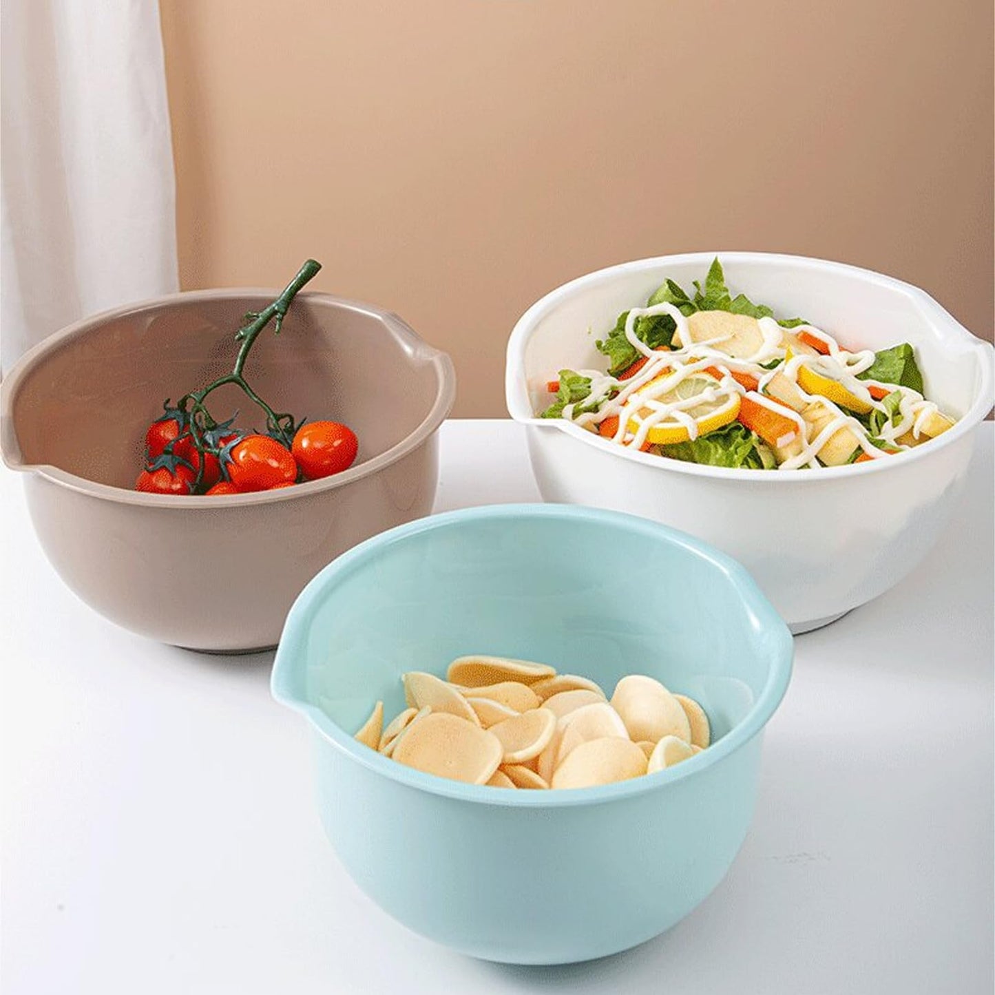 Cheeren Set of 3 Mixing Bowls with Pour Spout-Nesting Design Saves Space - Non-Slip, BPA Free, Dishwasher Safe Plastic - Kitchen Cooking and Baking Supplies (Blue Grey white)