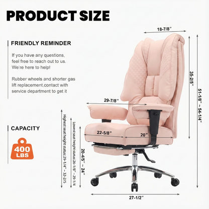 EXCEBET Big and Tall Office Chair 400lbs Wide Seat, Leather High Back Executive Office Chair with Foot Rest, Ergonomic Chairs Lumbar Support for Lower Back Pain Relief (Light Pink)