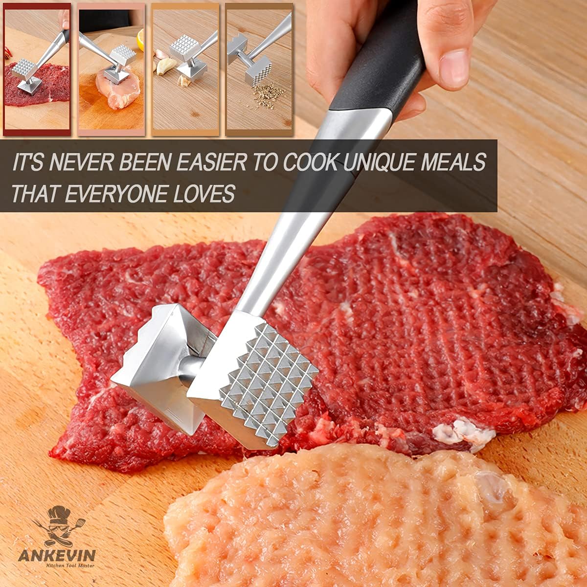 Meat Tenderizer Tool, 8.8 inches Dual-Sided Nails Meat Mallet with Rubber Comfort Grip Handle for Steak, Chicken, Fish