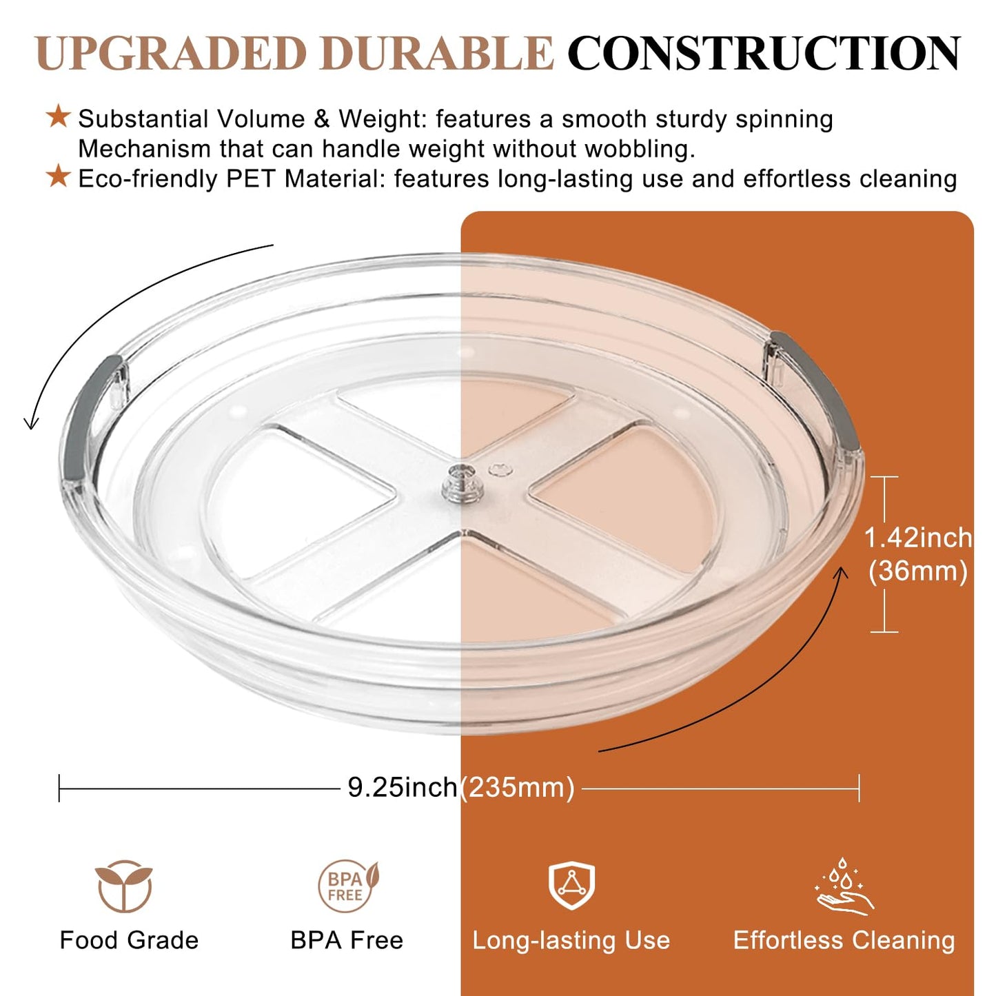 Clear Lazy Susan Organizer Turntable for Cabinet Table Top, 9.25 Inch 2 Pack 360 Rotating Spinning Makeup Organizer for Vanity, Kitchen Storage Rack Heavy-Duty Pantry Spices Tray Countertop Organizer