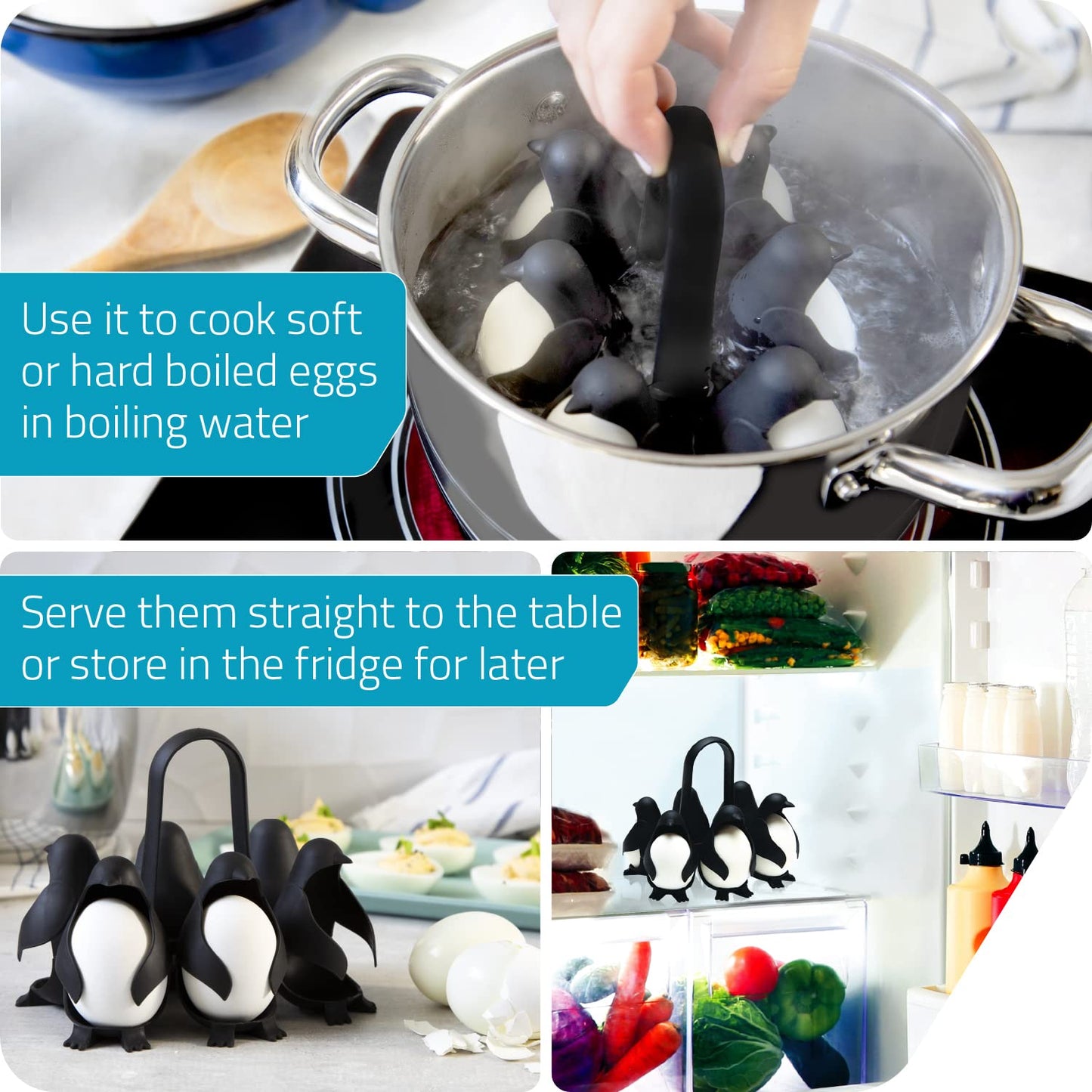 PELEG DESIGN Egguins Egg Cooker for Hard Boiled Eggs and Soft Boiled Eggs – 3-in-1 Boiled Egg Holder for Cooking, Fridge Storage & Serving – Unique Penguin Kitchen Gift, Holds 6 Eggs