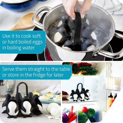 PELEG DESIGN Egguins Egg Cooker for Hard Boiled Eggs and Soft Boiled Eggs – 3-in-1 Boiled Egg Holder for Cooking, Fridge Storage & Serving – Unique Penguin Kitchen Gift, Holds 6 Eggs