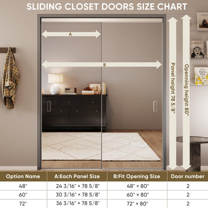 JUBEST Mirror Closet Doors, 72''x80'' One Side Sliding Closet Door with Hardware Kit, Interior Steel Frame Bypass Sliding Door for Closet, Easy to Install