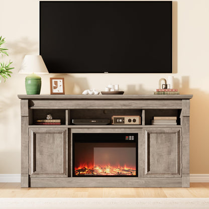 GAOMON 58 Inch Fireplace TV Stand, Wooden Entertainment Center with 36 Inch Electric Fireplace, 3D Realistic Flame, Farmhouse Media Console with Storage Cabinets for Living Room, Gray