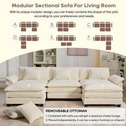 IPKIG 117" Sectional Sofa Cloud Couch, Modern Chenille U-Shaped Couch Comfy Upholstered 3-Seat Sofa with 2 Ottoman, 3 Lumbar Pillow, Deep Seat Modular Sofa for Living Room, Apartment, Studio