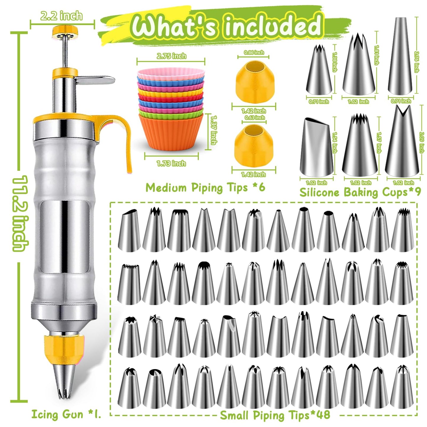 NOVANO Dessert Decorating Syringe Set, Frosting Piping Kit Stainless Steels Cake Decorating Kit with 54 Piping Tips & 9 silicone cupcakes, Cupcake Decorating Kit Piping Bags and Tips Set (Yellow)
