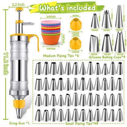 NOVANO Dessert Decorating Syringe Set, Frosting Piping Kit Stainless Steels Cake Decorating Kit with 54 Piping Tips & 9 silicone cupcakes, Cupcake Decorating Kit Piping Bags and Tips Set (Yellow)