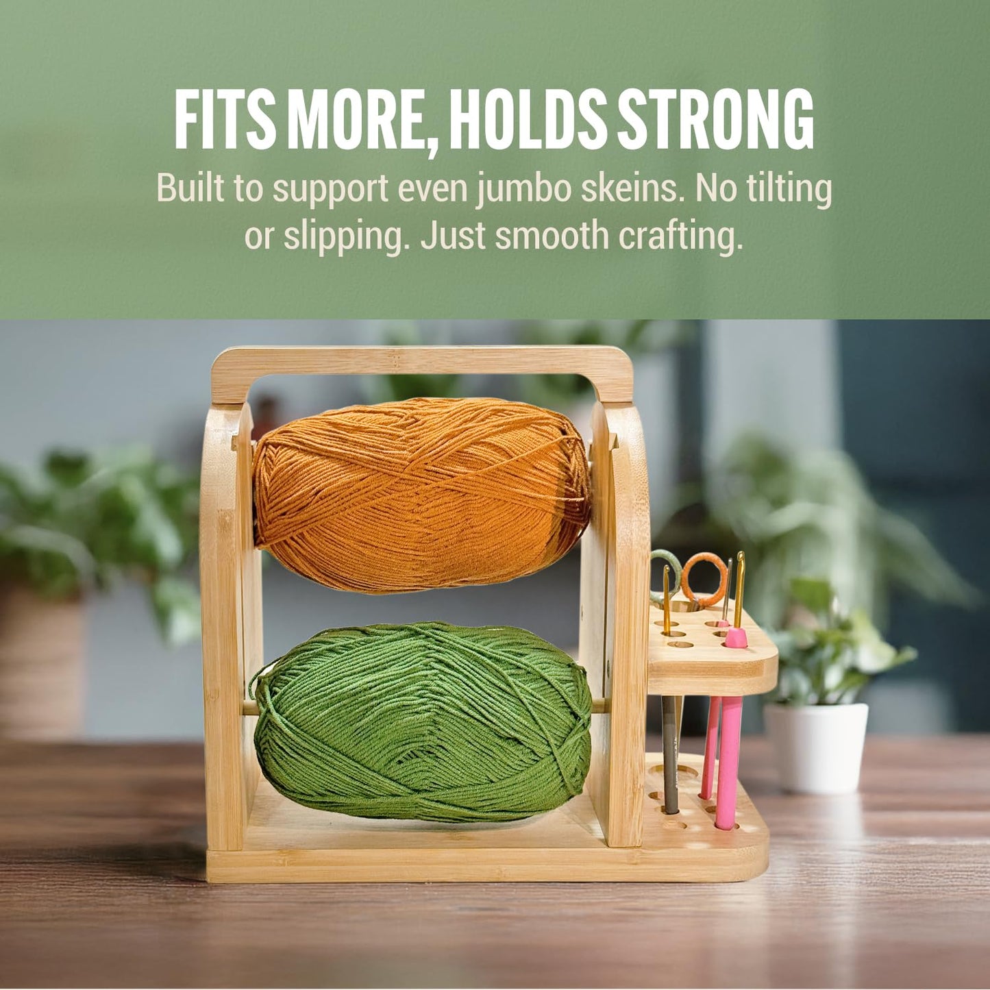 Yarn Holder for Crochet Accessories – Durable Bamboo Wood Knitting Accessories Yarn Storage Organizer with Built-in Phone Stand – Tangle-Free Dual Rods and Tool Holder – Works with Skein, Cake, Ball