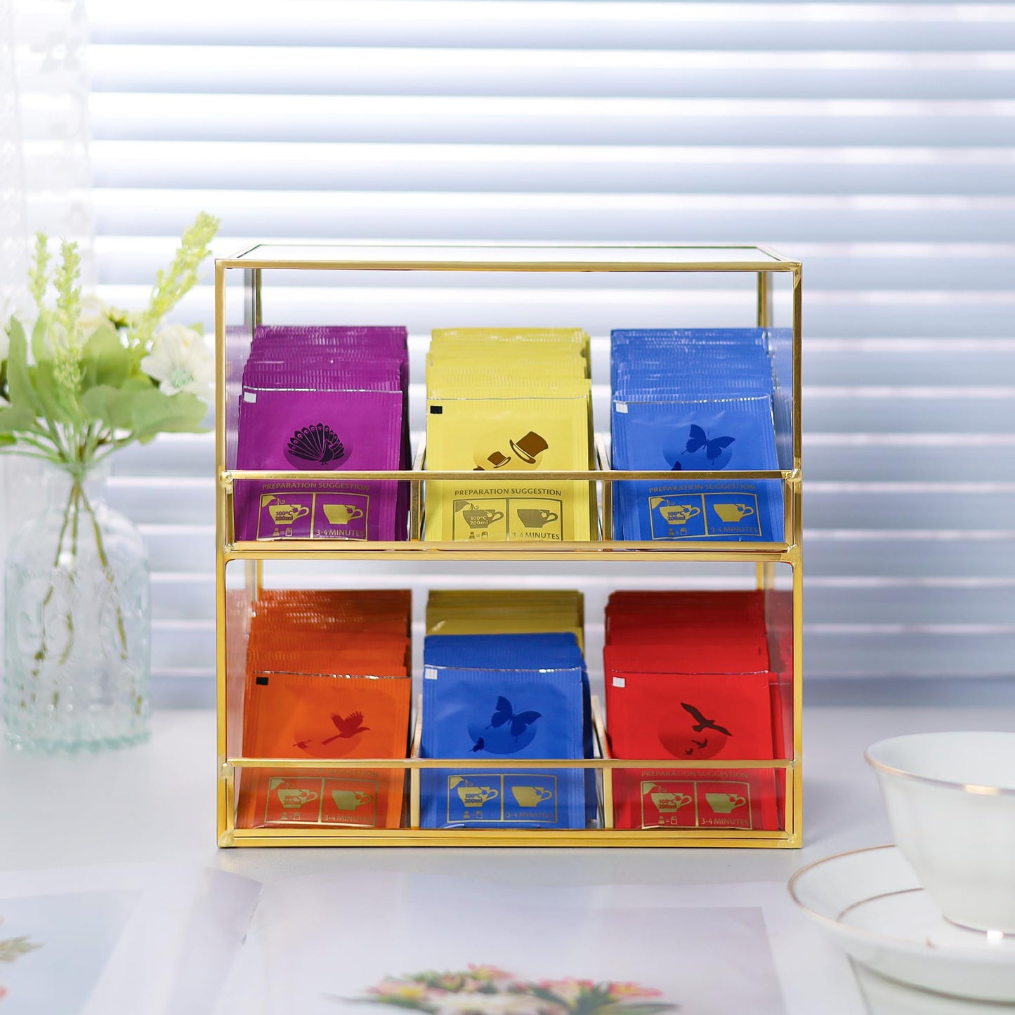 REDHUGO Glass Tea Bag Organizer for Counter, 2-Tier Teabag Organizer Storage Holder for Tea Bags, Glass Caddy Box Containers, Rack Teabag Station Stand for Cabinet Kitchen, 2-Tier, Gold