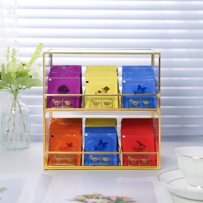 REDHUGO Glass Tea Bag Organizer for Counter, 2-Tier Teabag Organizer Storage Holder for Tea Bags, Glass Caddy Box Containers, Rack Teabag Station Stand for Cabinet Kitchen, 2-Tier, Gold
