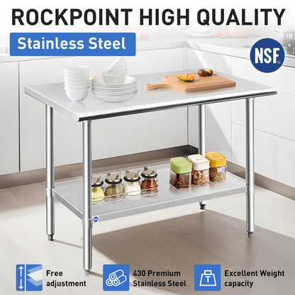 ROCKPOINT Stainless Steel Table for Prep & Work 24x60 Inches, NSF Metal Commercial Kitchen Heavy Duty Table with Adjustable Under Shelf and Table Foot for Restaurant, Home and Hotel