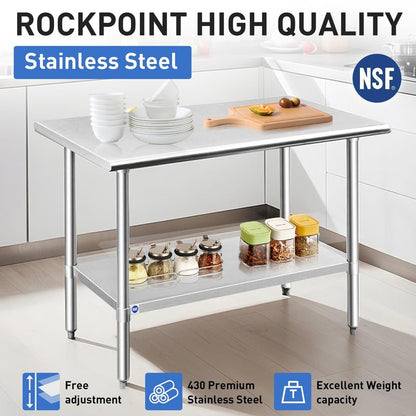 ROCKPOINT Stainless Steel Table for Prep & Work 24x48 Inches, NSF Metal Commercial Kitchen Heavy Duty Table with Adjustable Under Shelf and Table Foot for Restaurant, Home and Hotel