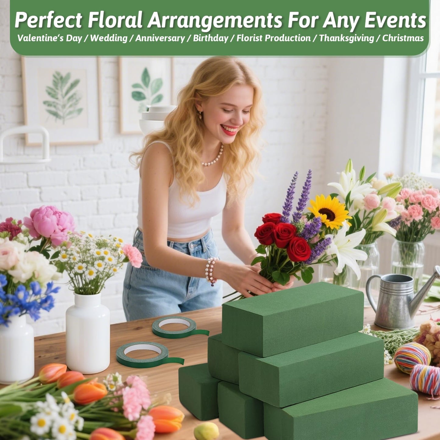 MAPVOLUT 6 Pack Green Floral Foam Blocks (9.1"x4.1"x2.8") + 2 Rolls Waterproof Floral Tape | Wet & Dry Flower Arrangement Foam for Fresh/Silk Flowers, DIY Crafts, Weddings, Centerpieces