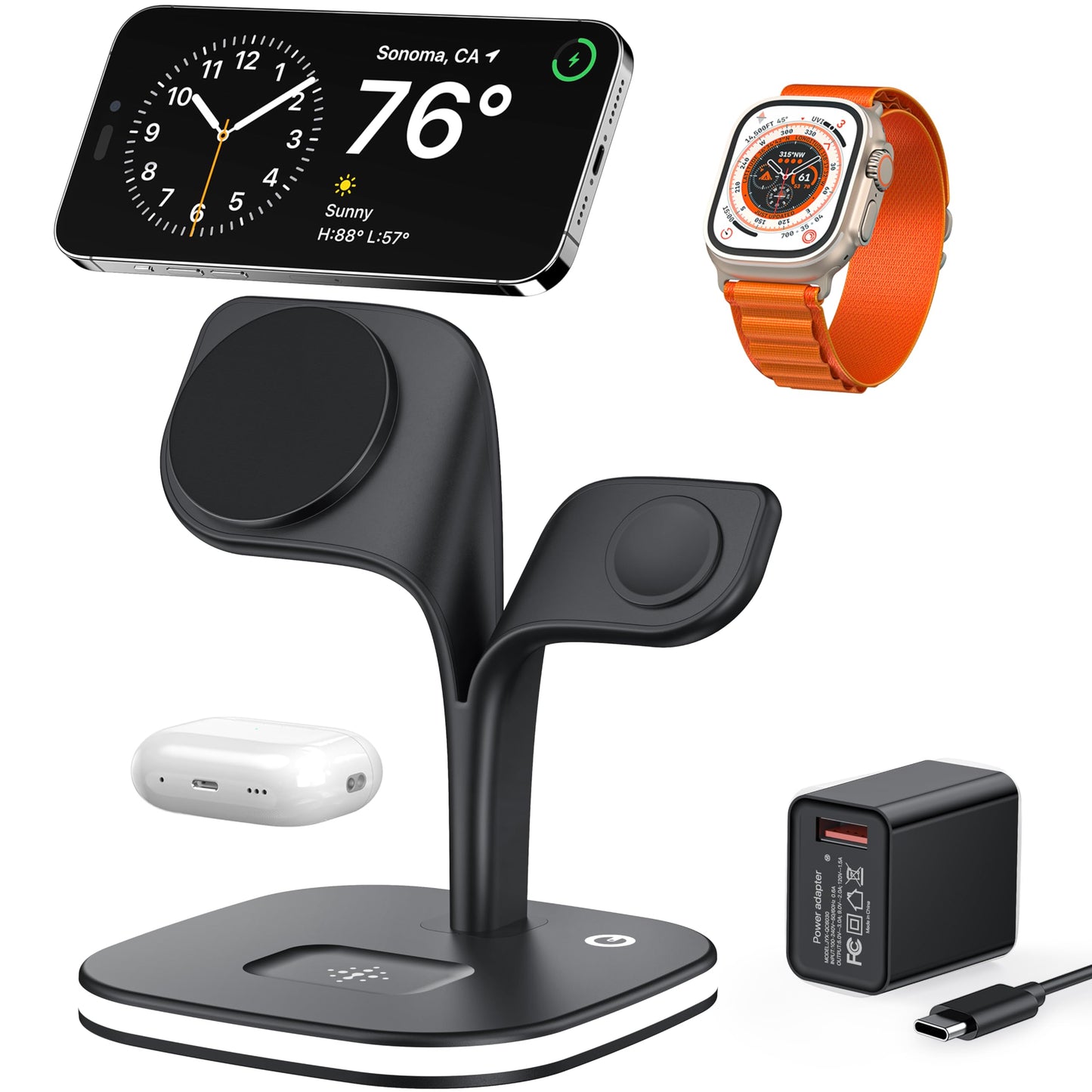 EXW for Magsafe Charger Stand,Charging Station for Multiple Devices,Wireless Charger for iPhone 17 Air 16 15 14 13 12 Series,Apple Watch Series 1-10/Ultra,AirPods Pro with LED and Adapter (White)