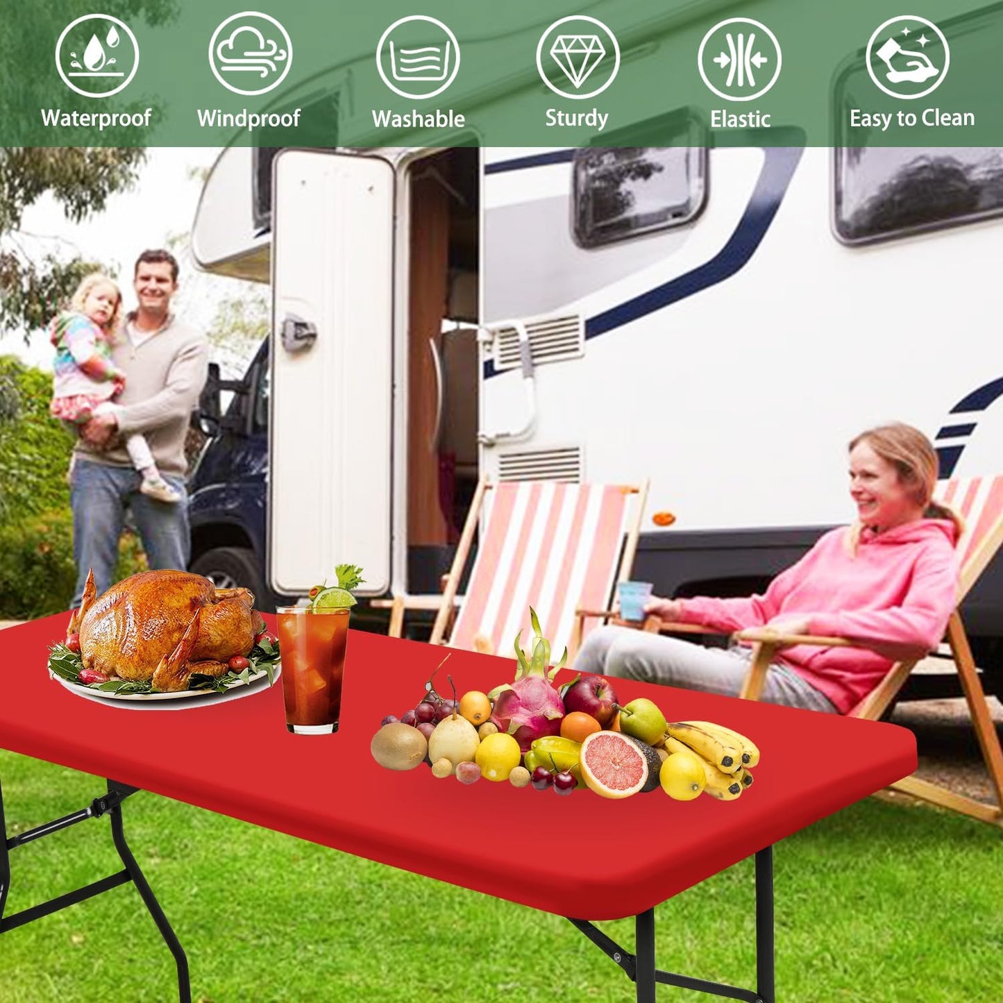 2 Pack 6 (Red,30" 72") Picnic Fitted Table Cover for Foot Tablecloth for Rectangle Tables Waterproof Stretch Washable