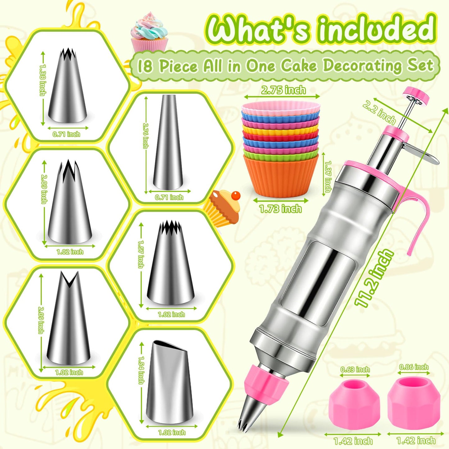 Hendiy Dessert Decorating Syringe Set, Frosting Piping Kit Stainless Steels Cake Decorating Kit with 6 Piping Tips & 9 silicone cupcakes, Cupcake Decorating Kit Piping Bags and Tips Set