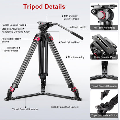 miliboo Heavy Duty Tripod Professional Video Tripod Fluid Head Tripod with Adjustable Damping, Photography Tripod for Large Equipment, Load 33 lbs, Included Ground Spreader, Aluminum MTT609A