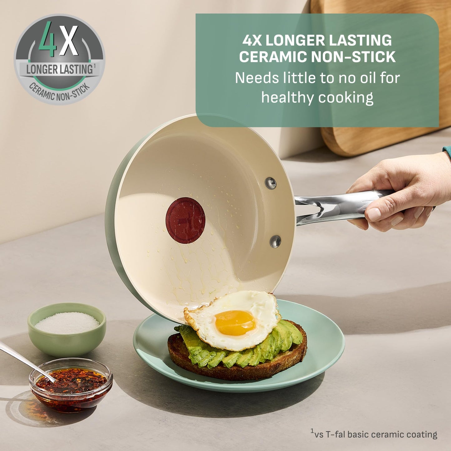 T-Fal Inspire Ceramic Nonstick Frying Pan 2-Pc Set, 8" & 10", Oven Broiler Safe up to 50°F Cookware, Ceramic Frying Pan Skillet, Pots & Pans, Mint Green
