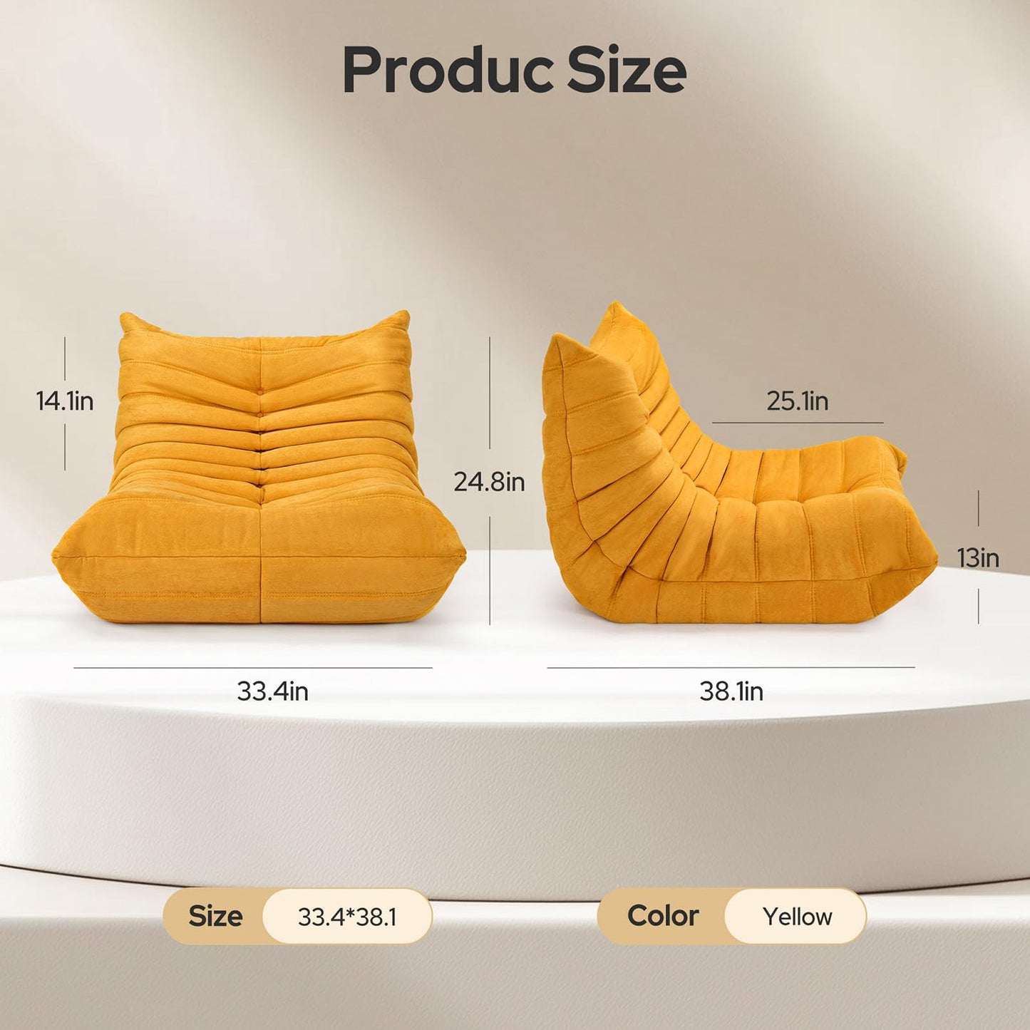 High-end Bean Bag Chairs for Adults Giant Bean Bag Chair Memory Foam BeanBag Chair Bean Bag Sofa Fireside Beanbags Lazy Sofa for Living Room Bedroom Office Suede Yellow