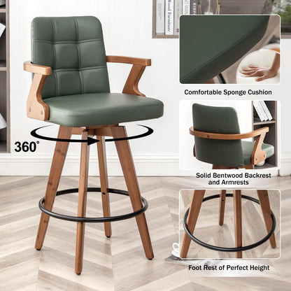 MEKLIBA 30” Bar Height Bar Stools,Leather Upholstered Bar Chair, Swivel Bar Stools with Back and Arms，Modern Barstool Set of 2 for Kitchen Island (Green)