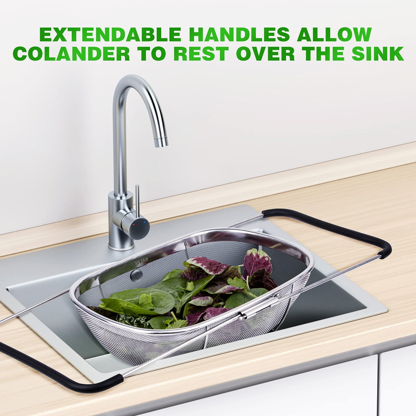 Tiawudi 6-Quart Large Over The Sink Colander, Heavy Duty 40% Thicker 18/8 Stainless Steel Fine Mesh Strainer Basket with Expandable Rubber Grip Handles - Strain, Drain, Rinse Fruits, Vegetables
