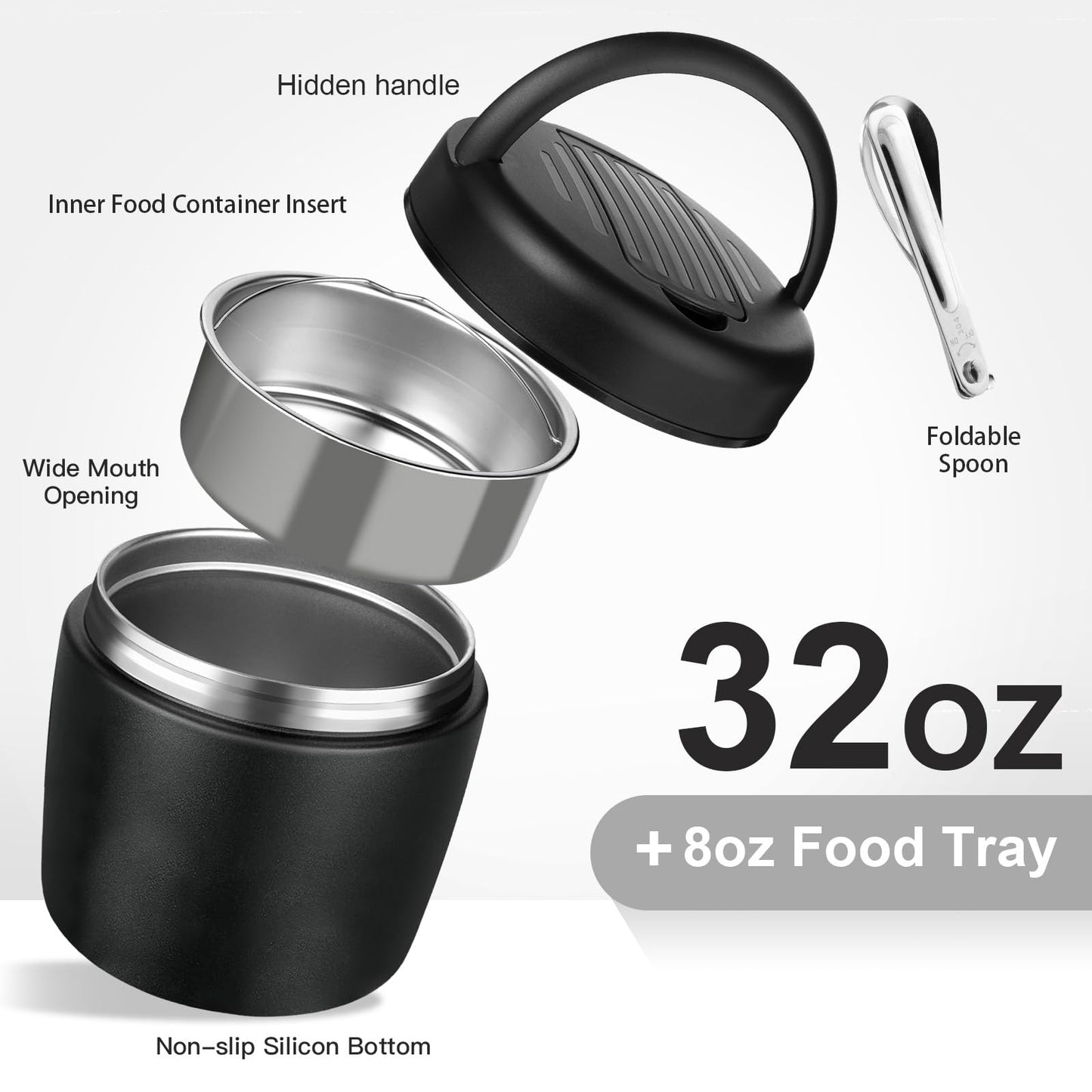 Godobo Thermo for Hot Food 40oz, Vacuum Insulated Food Jar for Adults, Stainless Steel Soup Thermo Wide Mouth Leakproof Lunch Containers with Spoon for School Office (Black)