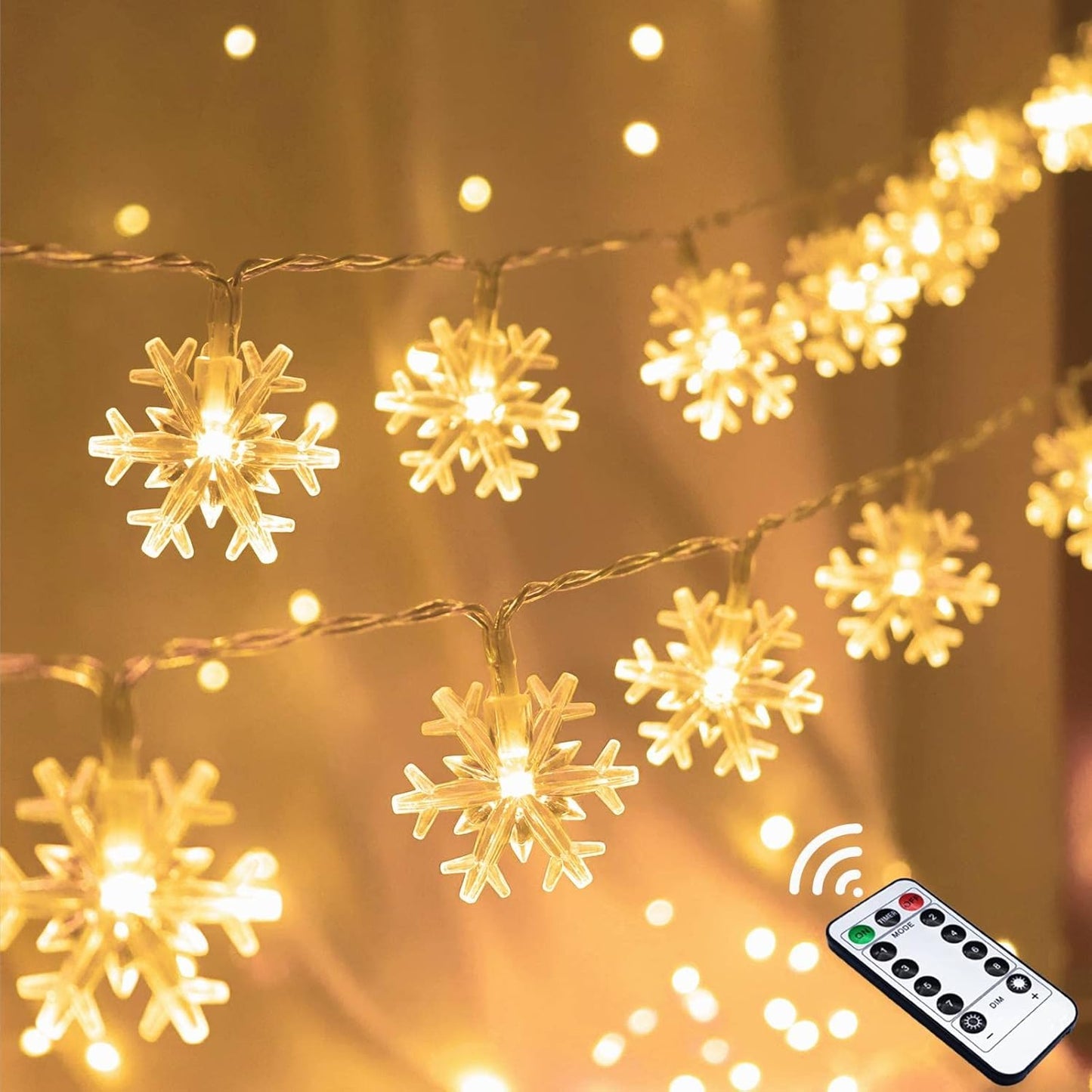 Christmas Snowflake String Lights, 20 FT 40 LED Warm White Battery Operated Fairy Lights with Remote Timer for Indoor