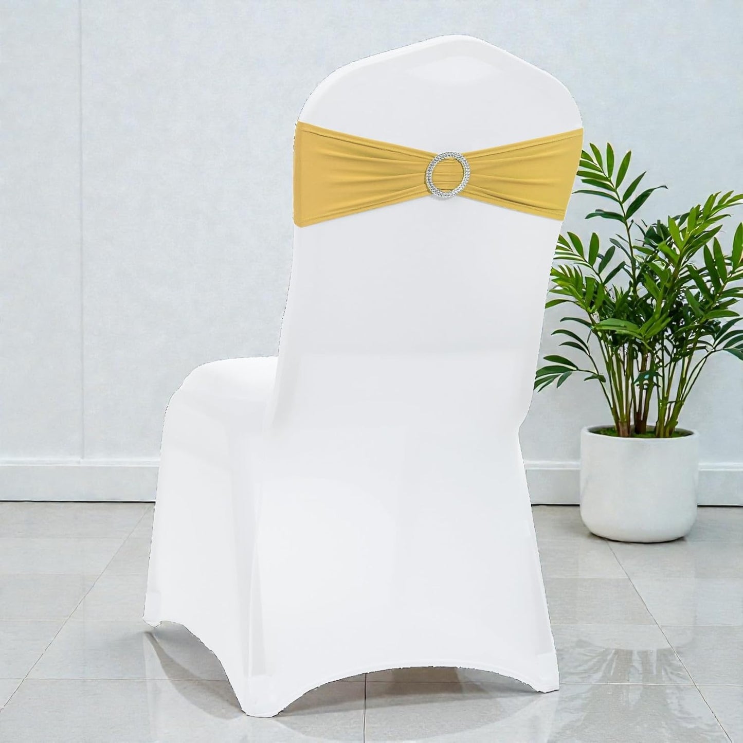 MDS Spandex Chair Sashes - Pack of 150 Elastic Stretch Bows with Buckle Slider for Wedding Decor | Gold