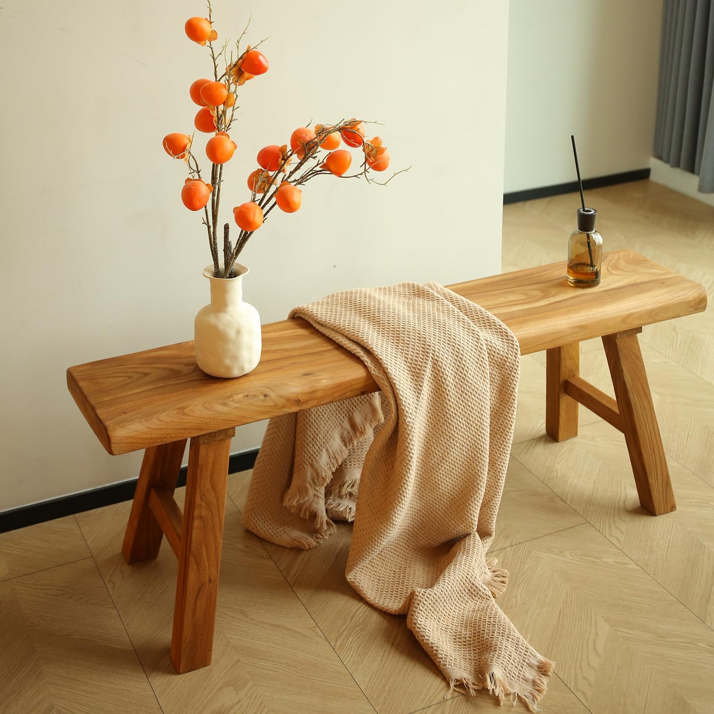 ZPrestiCraftbl 55.2in Wood Bench Indoor – Rustic Farmhouse Entryway Bench, Skinny Bench Design, Made of Extra-Thick Solid Wood, Perfect for Dining Room, Hallway, or End of Bed