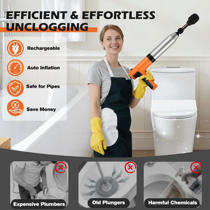 Electric Toilet Plunger, High Pressure Toilet Snake Drain Clog Remover, Splash-free Unclogger with Drain Snake Auger, Plungers for Bathroom Heavy Duty, Versatile Air Blaster Unclogger Kit (Orange)